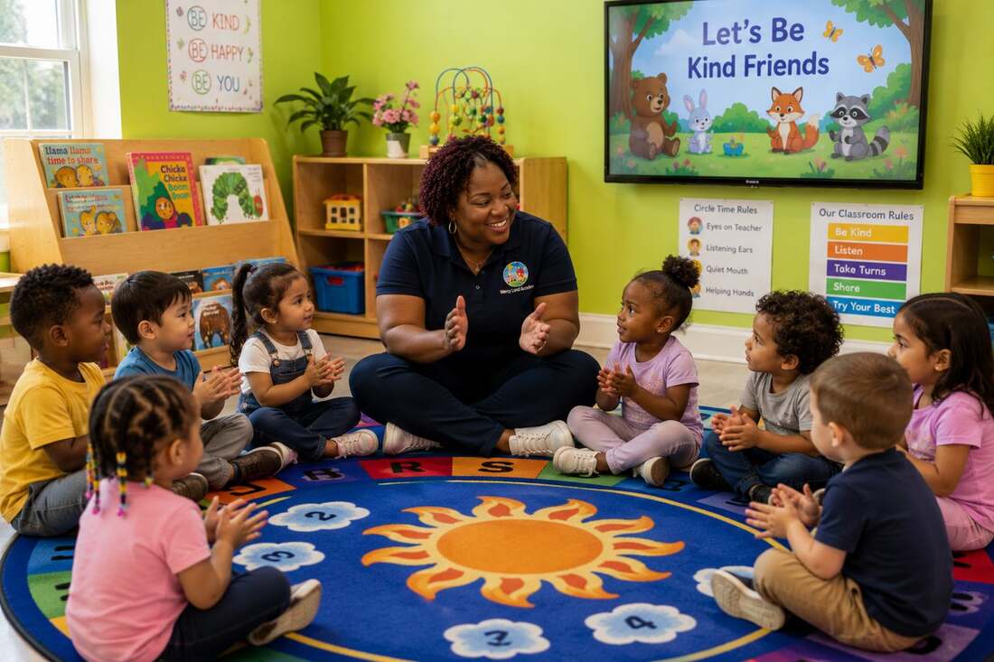 A Mercy Land Academy teacher leading circle time with a group of young children