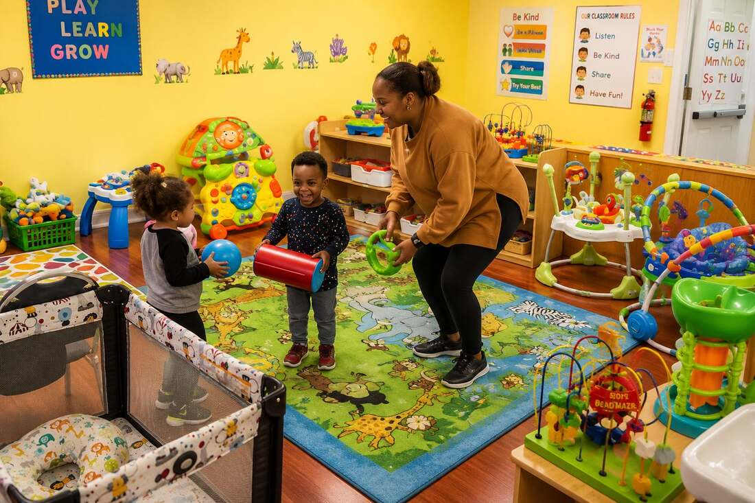 Two toddlers joyfully exploring natural wooden toys on a warm oak floor at Mercy Land Academy